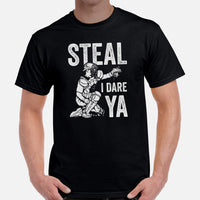 Funny Baseball T-Shirt - Gift Ideas for Him & Her, Baseball Lovers & Enthusiasts - Steal I Dare Ya Tee - Game Day Tees for Men & Women - Black, Men