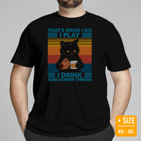 Funny Baseball T-Shirt - Gift Ideas for Him & Her, Wine & Baseball Lovers, Cat Dad & Mom - I Play, I Drink And I Know Things Shirt - Black, Plus Size