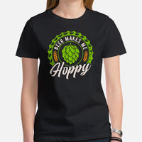 Funny Day Drinking Tee Shirts - Beer Themed Shirt - Gift Ideas, Presents For Beer Lovers, Brewers - Vintage Beer Makes Me Hoppy T-Shirt - Black, Women