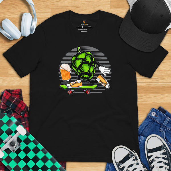 Funny Day Drinking Tee Shirts - Beer Themed Shirt - Gift Ideas, Presents For Beer Lovers & Skaters - Hops Beer On A Skateboard T-Shirt - Black