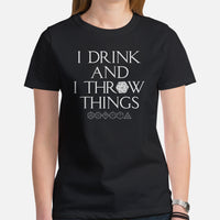 Funny DnD & RPG Games T-Shirt - Xmas Gaming Gift Ideas for Him & Her, Typical Gamers & Beer Lovers - I Drink And I Throw Things Shirt - Black, Women