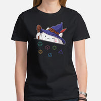 Funny DnD & RPG Games T-Shirt - Xmas Gaming Gift Ideas for Him & Her, Typical Gamers & Bongo Cat Lovers - Cute Wizard Cat D&D Shirt - Black, Women