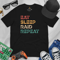 Funny DnD & RPG Games T-Shirt - Xmas Gaming Gift Ideas for Him & Her, Typical Gamers & Game Lovers - Retro Eat Sleep Raid Repeat Shirt - Black
