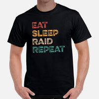 Funny DnD & RPG Games T-Shirt - Xmas Gaming Gift Ideas for Him & Her, Typical Gamers & Game Lovers - Retro Eat Sleep Raid Repeat Shirt - Black, Men