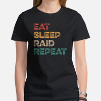 Funny DnD & RPG Games T-Shirt - Xmas Gaming Gift Ideas for Him & Her, Typical Gamers & Game Lovers - Retro Eat Sleep Raid Repeat Shirt - Black, Women