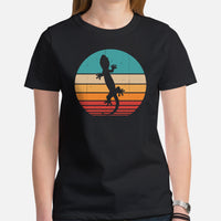 Gecko Retro Sunset Aesthetic T-Shirt - Reptile Addict & Charm Tee - Gift for Lizard Dad/Mom & Pet Owners - Amphibians, Lacertilia Tee - Black, Women
