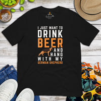 German Shepherd Dog Themed Clothes & Attire - Gifts for Beer & GSD K9 Dog Lovers - I Just Want To Drink Beer & Hang With My Dog T-Shirt - Black