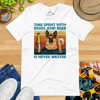 German Shepherd Dog Themed Clothes & Attire - Gifts for Beer & GSD K9 Dog Lovers - Time Spent With Dogs & Beer Is Never Wasted T-Shirt - White