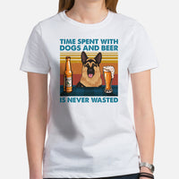 German Shepherd Dog Themed Clothes & Attire - Gifts for Beer & GSD K9 Dog Lovers - Time Spent With Dogs & Beer Is Never Wasted T-Shirt - White, Women