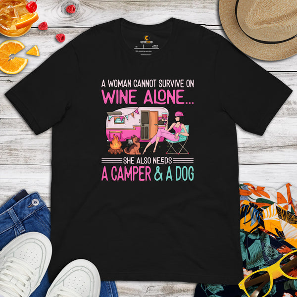 German Shepherd Dog Themed Clothes & Attire - Gifts for Campers, Wine & GSD K9 Dog Lovers - She Also Needs A Camper And A Dog T-Shirt - Black