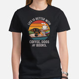 German Shepherd Dog Themed Clothes & Attire - Gifts for GSD Dog Moms, Dads & Lovers - Life Is Better With Dogs, Books & Coffee T-Shirt - Black, Women