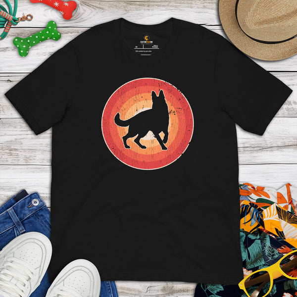 German Shepherd Dog Themed Clothes & Attire - Gifts for GSD K9 Dog Lovers - Canine Tee Shirts For Humans - 80s Retro Sunset T-Shirt - Black