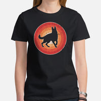 German Shepherd Dog Themed Clothes & Attire - Gifts for GSD K9 Dog Lovers - Canine Tee Shirts For Humans - 80s Retro Sunset T-Shirt - Black, Women
