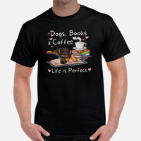 German Shepherd Dog Themed Clothes, Attire - Gifts for GSD K9 Dog Moms, Dads & Lovers - Dogs, Books & Coffee - Life Is Perfect T-Shirt - Black, Men