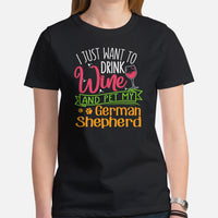 German Shepherd Dog Themed Clothes & Attire - Gifts for Wine & GSD K9 Dog Lovers - I Just Want To Drink Wine And Pet My Dog T-Shirt - Black, Women