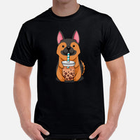 German Shepherd Dog Themed Clothes - Gifts for Dog Lovers - Canine Tee Shirts For Humans - GSD Puppy Enjoying A Bubble Tea Cup T-Shirt - Black, Men