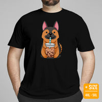 German Shepherd Dog Themed Clothes - Gifts for Dog Lovers - Canine Tee Shirts For Humans - GSD Puppy Enjoying A Bubble Tea Cup T-Shirt - Black, Plus Size