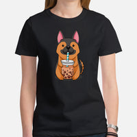 German Shepherd Dog Themed Clothes - Gifts for Dog Lovers - Canine Tee Shirts For Humans - GSD Puppy Enjoying A Bubble Tea Cup T-Shirt - Black, Women