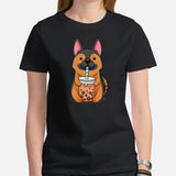 German Shepherd Dog Themed Clothes - Gifts for Dog Lovers - Canine Tee Shirts For Humans - GSD Puppy Enjoying A Bubble Tea Cup T-Shirt - Black, Women