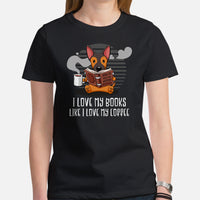 German Shepherd Dog Themed Clothes - Gifts for Dog Lovers - Canine Tee Shirts For Humans - I Love My Books Like I Love My Coffee Shirt - Black, Women