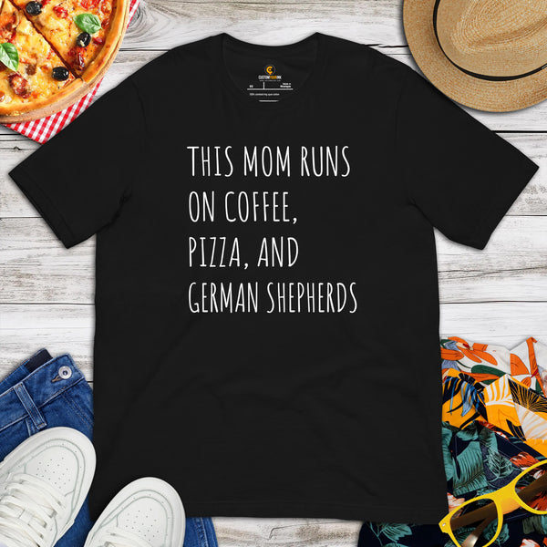 German Shepherd Dog Themed Clothes - Gifts for GSD Dog Lovers - Canine Tee Shirts For Humans - This Mom Runs On Pizza & Coffee T-Shirt - Black