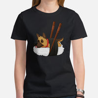 German Shepherd Dog Themed Clothes - Gifts for GSD Dog Moms, Dads & Lovers - Canine Tee Shirts For Humans - Cute Nigiri Sushi T-Shirt - Black, Women