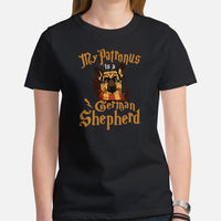 German Shepherd Dog Themed Clothes - Gifts for GSD Dog Moms, Dads & Lovers - Canine Tee Shirts For Humans - My Patronus Is A GSD Shirt - Black, Women