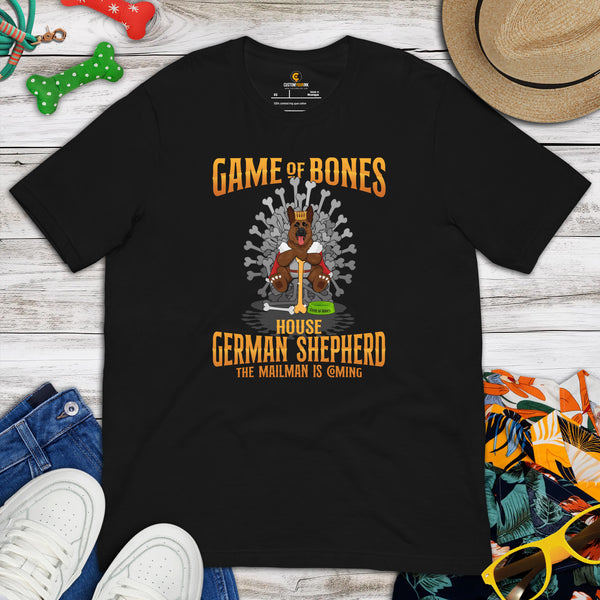 German Shepherd Dog Themed Clothes - Gifts for GSD Dog Moms, Dads & Lovers - Funny Canine Tee Shirts For Humans - Game Of Bones T-Shirt - Black