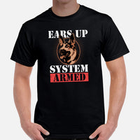 German Shepherd Dog Themed Clothes - Gifts for GSD G9 Dog Lovers - Funny Canine Tee Shirts For Humans - Ears Up, System Armed T-Shirt - Black, Men