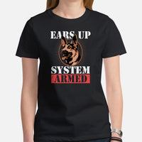 German Shepherd Dog Themed Clothes - Gifts for GSD G9 Dog Lovers - Funny Canine Tee Shirts For Humans - Ears Up, System Armed T-Shirt - Black, Women