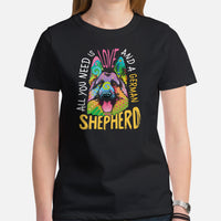 German Shepherd Dog Themed Clothes - Gifts for GSD K9 Dog Lovers - Canine Tee Shirts For Humans - All You Need Is Love & A GSD T-Shirt - Black, Women