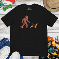 German Shepherd Dog Themed Clothes - Gifts for GSD K9 Dog Lovers - Canine Tee Shirts For Humans - Cute Bigfoot Walking A Dog T-Shirt - Black