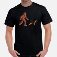 German Shepherd Dog Themed Clothes - Gifts for GSD K9 Dog Lovers - Canine Tee Shirts For Humans - Cute Bigfoot Walking A Dog T-Shirt - Black, Men
