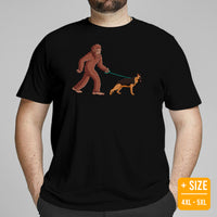 German Shepherd Dog Themed Clothes - Gifts for GSD K9 Dog Lovers - Canine Tee Shirts For Humans - Cute Bigfoot Walking A Dog T-Shirt - Black, Plus Size