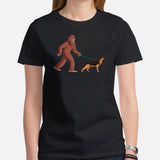 German Shepherd Dog Themed Clothes - Gifts for GSD K9 Dog Lovers - Canine Tee Shirts For Humans - Cute Bigfoot Walking A Dog T-Shirt - Black, Women