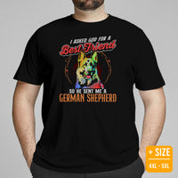 German Shepherd Dog Themed Clothes - Gifts for GSD K9 Dog Lovers - Canine Tee Shirts For Humans - I Asked God For A Best Friend T-Shirt - Black, Plus Size