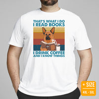 German Shepherd Dog Themed Clothes - Gifts for GSD K9 Dog Lovers - Canine Tee Shirts For Humans - I Read Books & Drink Coffee T-Shirt - White, Plus Size