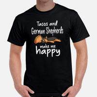 German Shepherd Dog Themed Clothes - Gifts for GSD K9 Dog Lovers - Canine Tee Shirts For Humans - Tacos And GSDs Make Me Happy T-Shirt - Black, Men