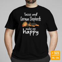 German Shepherd Dog Themed Clothes - Gifts for GSD K9 Dog Lovers - Canine Tee Shirts For Humans - Tacos And GSDs Make Me Happy T-Shirt - Black, Plus Size