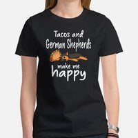 German Shepherd Dog Themed Clothes - Gifts for GSD K9 Dog Lovers - Canine Tee Shirts For Humans - Tacos And GSDs Make Me Happy T-Shirt - Black, Women