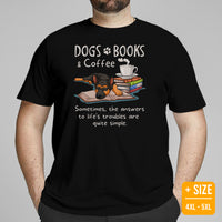 German Shepherd Dog Themed Clothes - Gifts for GSD K9 Dog Lovers - Funny Canine Tee Shirts For Humans - Dogs, Books And Coffee T-Shirt - Black, Plus Size