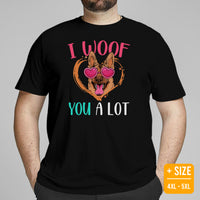 German Shepherd Dog Themed Clothes - Gifts for GSD K9 Dog Lovers - Funny Canine Tee Shirts For Humans - I Woof You A Lot T-Shirt - Black, Plus Size