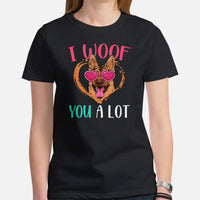 German Shepherd Dog Themed Clothes - Gifts for GSD K9 Dog Lovers - Funny Canine Tee Shirts For Humans - I Woof You A Lot T-Shirt - Black, Women