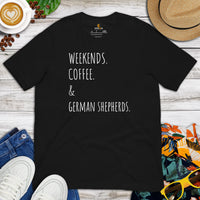 German Shepherd Dog Themed Clothes - Gifts for GSD K9 Dog Lovers - Funny Canine Tee Shirts For Humans - Weekends, Coffee & GSDs T-Shirt - Black