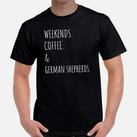 German Shepherd Dog Themed Clothes - Gifts for GSD K9 Dog Lovers - Funny Canine Tee Shirts For Humans - Weekends, Coffee & GSDs T-Shirt - Black, Men