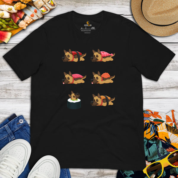 German Shepherd Dog Themed Clothes - Gifts for GSD K9 Dog Moms, Dads & Lovers - Funny Canine Tee Shirts For Humans - Cute Sushi T-Shirt - Black