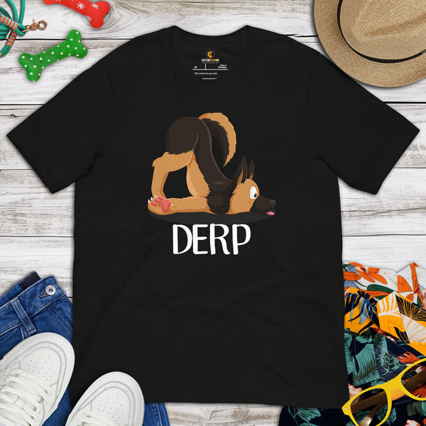 German Shepherd Dog Themed Clothes - Gifts for GSD K9 Dog Moms, Dads & Lovers - Funny Canine Tee Shirts For Humans - Derp T-Shirt - Black