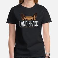 German Shepherd Dog Themed Clothes - Gifts for GSD K9 Dog Moms, Dads & Lovers - Funny Canine Tee Shirts For Humans - Land Shark T-Shirt - Black, Women
