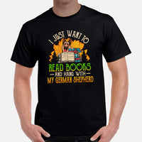 German Shepherd Dog Themed Clothes - Gifts for GSD K9 Dog Moms, Dads & Lovers - I Just Want To Read Books And Hang With My Dog T-Shirt - Black, Men