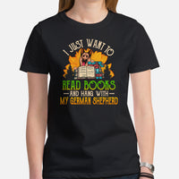 German Shepherd Dog Themed Clothes - Gifts for GSD K9 Dog Moms, Dads & Lovers - I Just Want To Read Books And Hang With My Dog T-Shirt - Black, Women